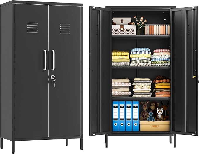 Metal Locker Cabinet, 27" W Bathroom Storage Cabinet, Vertical Steel Storage Cabinet with Locking Door and 3 Adjustable Shelves, Garage Tool File Lockers for Home Office, Garage, Bathroom, Black