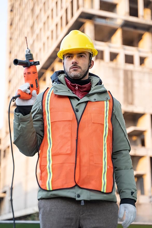 Dazonity Safety Vests,10pcs,Mesh,High Visibility Reflective Strips, Fit for Men & Women, Work, Construction,Surveyor, Parking,Warehouse,Volunteer, Crossing Guard, Road