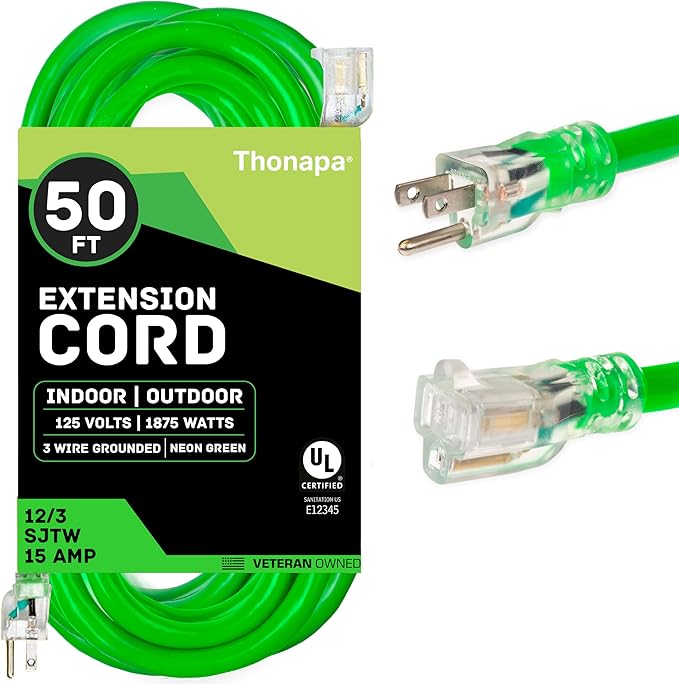 50 Foot Outdoor Extension Cord - 12/3 Heavy Duty Neon Green Extension Cable with 3 Prong Grounded Plug for Safety - Great for Garden and Major Appliances