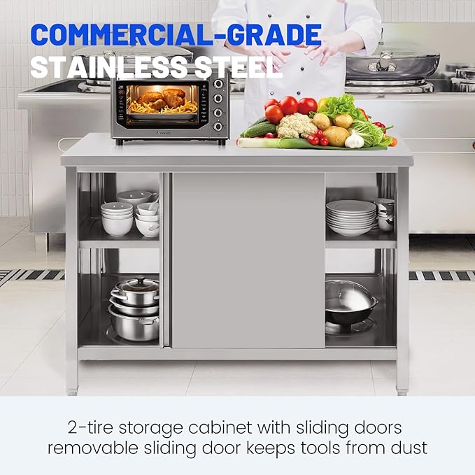 Hally Stainless Steel Cabinet, 24" x 60" NSF Commercial Heavy Duty Prep Workbench with Two Sliding Doors, Large Storage Cabinet, Metal Table for Kitchen, Restaurant, Garage