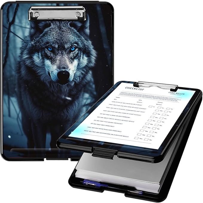 Clipboard with Storage, High Capacity Plastic Storage Clipboard with Low Profile Clip for Women Teachers Work, School & Office Supplies, Cute Pattern Decorative Clipboards, Grey Wolf