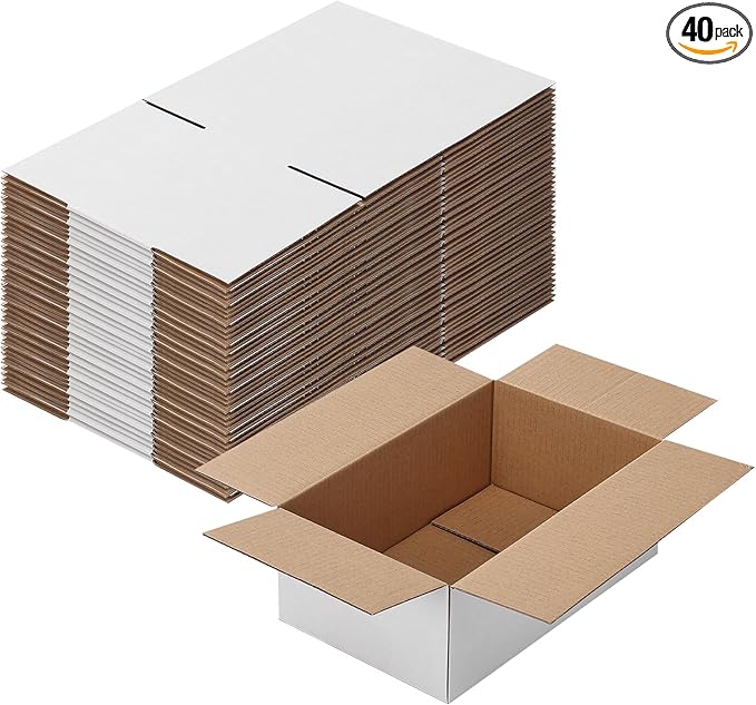 Calenzana 8x5x3 Shipping Boxes Set of 40, White Corrugated Cardboard Box for Mailing Packing Gifts Small Business