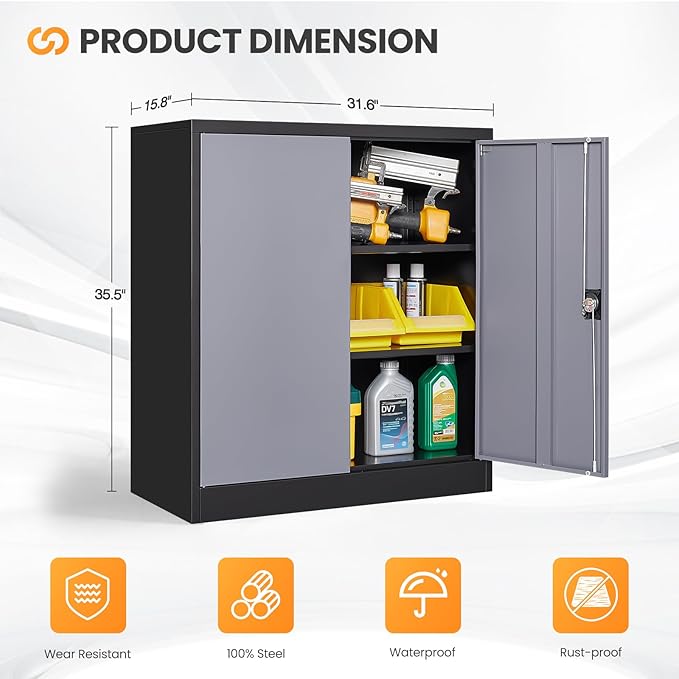 Metal Garage Storage Cabinets with Lock, 36" Tall Tool Cabinet with 2 Door and 2 Adjustable Shelves, Locking Garage Cabinets and Lockable Steel Locker for Home Office Warehouse-(Black Gray-36”H)