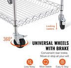 VEVOR Kitchen Utility Cart, 3 Tiers, Wire Rolling Table with 661 LBS Capacity, Steel Service Desk on Wheels, Metal Storage Trolley with 80 mm Deep Basket Curved Handle 6 Hooks