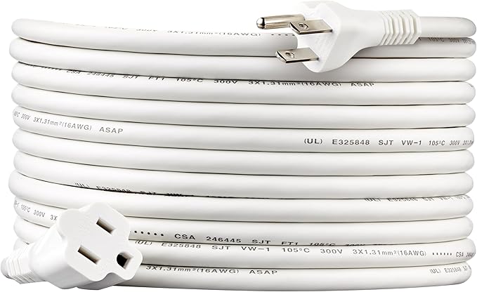 Amazon Basics Extension Cord, 20 Ft, 3 Prong Outlet Extender, Indoor Extension Cord, 13 Amps, 125V, White