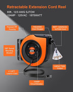 65FT Retractable Extension Cord Reel, 12AWG/3C SJTOW Heavy Duty Power Cord with Lighted Triple Tap Outlet, 15A Circuit Breaker, 180° Swivel Removable Bracket for Wall/Ceiling Mount, UL Listed