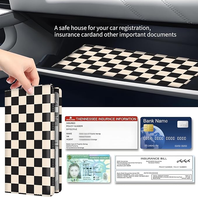 Premium Car Registration and Insurance Card Holder, Cute PU Leather Car Document Holder, Vehicle Glove Box Car Organizer with Magnetic Closure for Driver License, Cards Beige Checkerboard