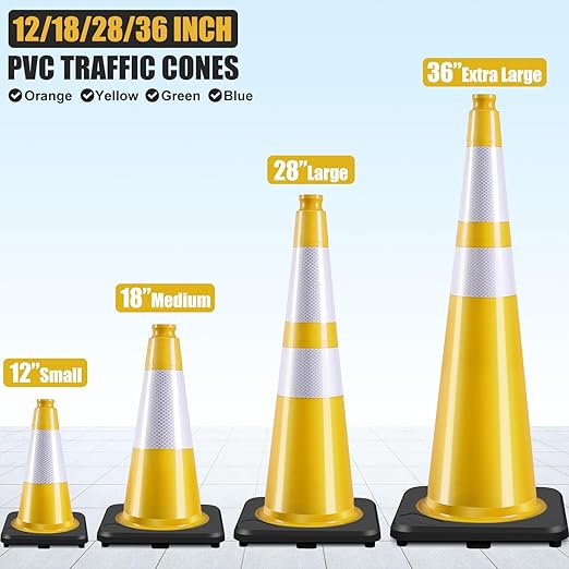 Fluorescent Orange/Green PVC Traffic Cones, Heavy Black Base Parking Lot Cone Structurally Stable Weatherproof Road Construction Safety Cones (4, Yellow, 18" Medium)