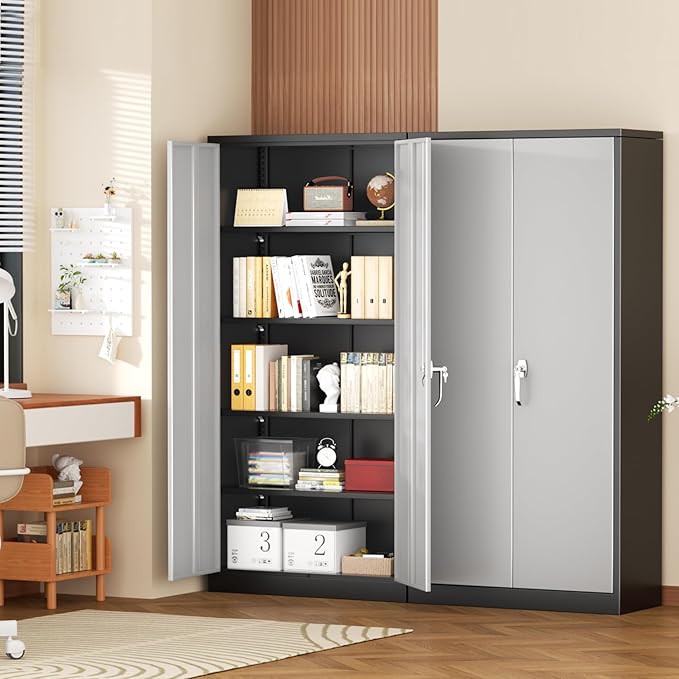 Superday Metal Storage Cabinet with Lock, 72" H Garage Storage Cabinet with Doors and 4 Adjustable Shelves,Black Grey Steel Locking Cabinets for Office, Home, Garage, Gym, School