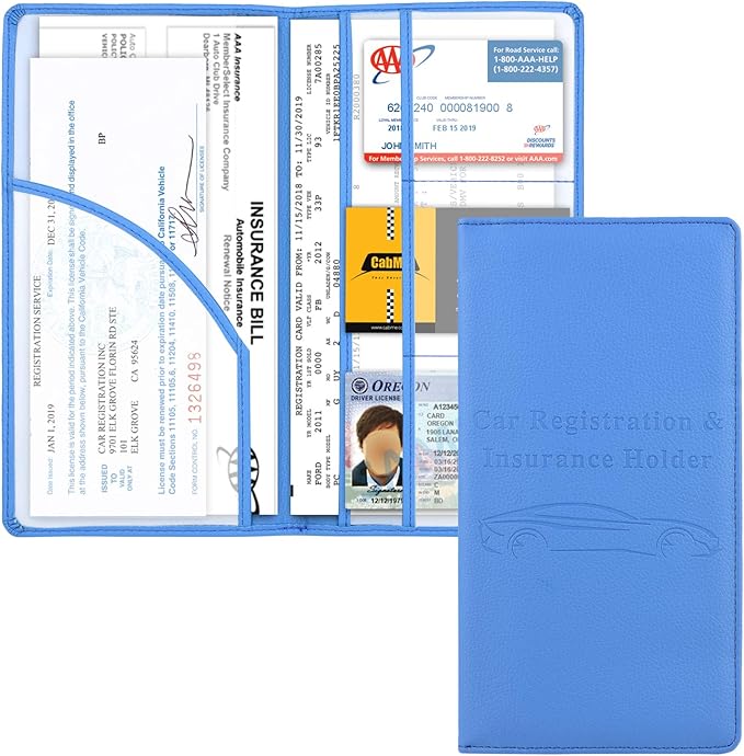 Cacturism Car Registration and Insurance Holder, Vehicle Glove Box Car Organizer Men Women Wallet Accessories Case with Magnetic Shut for Cards, Essential Document, Driver License, Blue