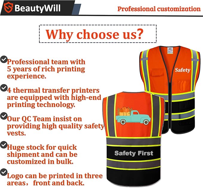 10 Pack Custom Safety Vest Customized Logo Mesh Vest Class 2 High Visibility Reflective Vest with Pockets Workwear（Orange Black，S ）