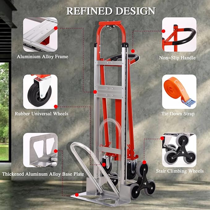 3-in-1 Industrial Convertible Hand Truck Dolly,1000 lbs Capacity Aluminum Hand Truck for Stairs,Hand Trucks Heavy Duty Dolly Cart with Stair Climbing Wheels for Moving,Transport(Red)