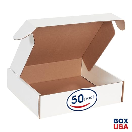 Box USA 12" Deluxe Shipping Boxes 12"L x 11"W x 3"H, 50-Pack - White Box Mailers for Packaging, Storage, Gifts or Bulk Business Orders