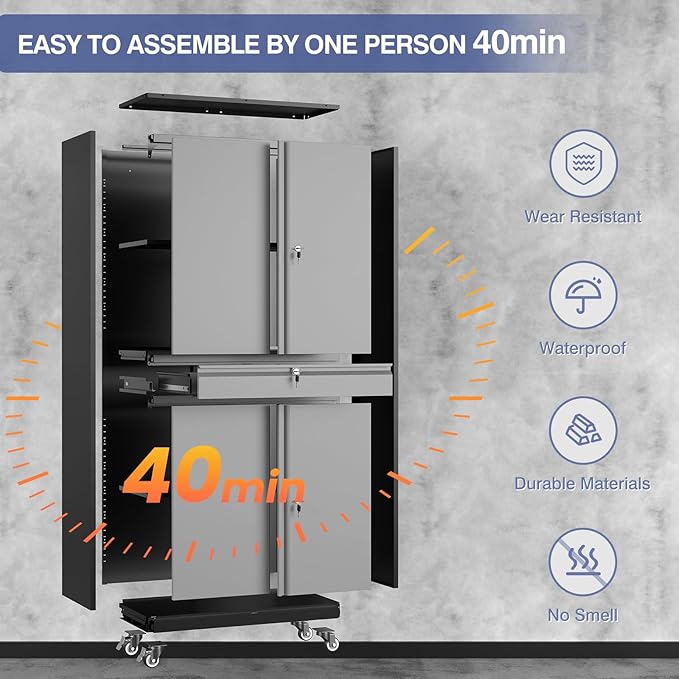 73" Metal Garage Storage Cabinet with Wheels， Rolling Tool Storage with Locking Doors， Adjustable Shelves and Drawer, Heavy Duty Steel Tool Cabinet for Garage, Warehouse, School(Black Grey)
