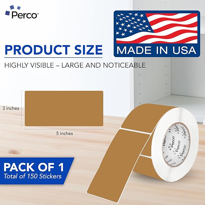 Perco Kraft Brown 3x5 Inch Perforated Sticker Labels — 150 Stickers/Roll — Natural, Cardboard-Like Surface with Permanent Adhesive for Product Labeling, Packaging, Crafting, DIY Projects — Made in USA
