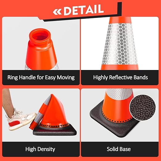 RoadHero 8 Pack Traffic Safety Cones 28 Inch with Black Weighted Base, Orange Cones with Reflective Collars for Parking Lot, Road Safety, Construction Events