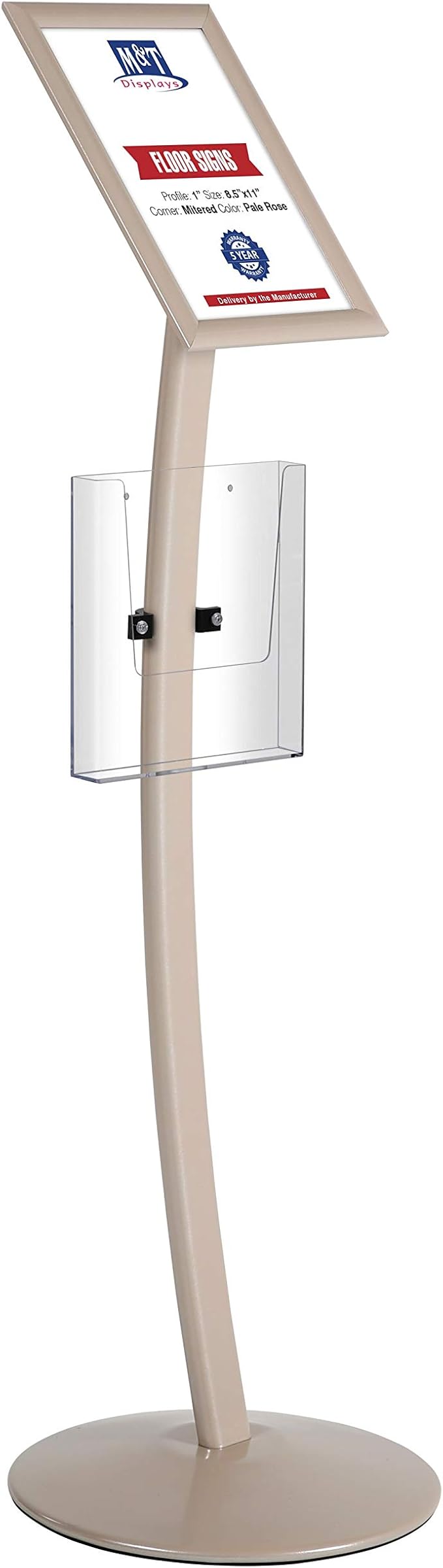 M&T Displays Curved Menu Board, 8.5x11 Inch Pedestal Sign Holder with 8.5x11 Inch Brochure Holder Pale Rose Floor Standing Aluminum Front Loading Easy Open Poster Message Advertisement Post