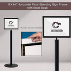 Floor Standing Sign Frame with Steel Low Profile Base, 11 inches by 14 inches Horizontal Sign Frame, Black Post