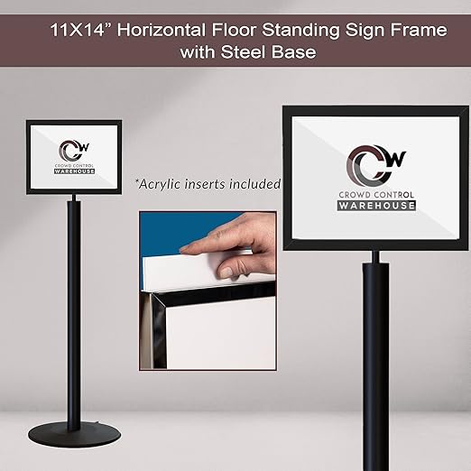 Floor Standing Sign Frame with Steel Low Profile Base, 11 inches by 14 inches Horizontal Sign Frame, Black Post