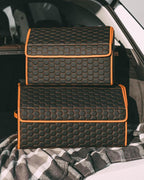Owleys Sedan Trunk Organizer 17.7" Storage Tote For Groceries, Tools & Travel Gear - Foldable Eco-Leather Car Crate With Magnetic Lid | Stylish Presents For Drivers | Black-Brown (Hexy 17)