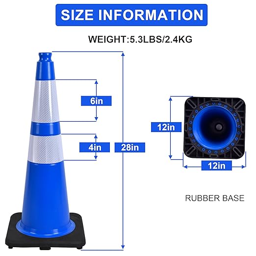 OrangeStar 28" Traffic Cones 8-Pack Blue Safety Cones with Reflective Collars, Heavy Duty Base for Construction, Parking Lot, Road Work, Flexible PVC, Indoor & Outdoor Use