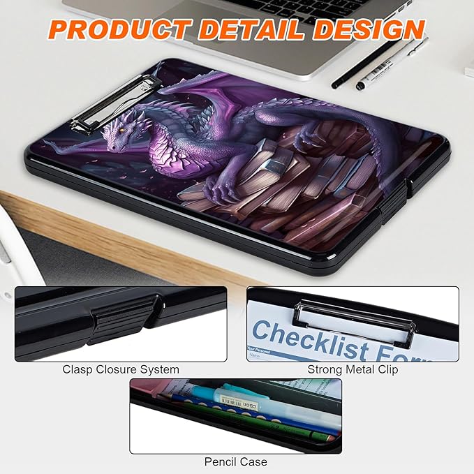 Clipboard with Storage, Hard Letter A4 Size Clip Board with Pen Holder & Paper Organizer, Heavy Duty Portable Writing Pad for Nurses Students Teachers Office Jobsite Contractor, Purple Dragon Book