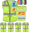 BeautyWill Custom Logo 5 Pack Safety Vest Mesh High Visibility Reflective Vest Customized Logo Utility Zipped Pockets Construction Workwear （Yellow,M）