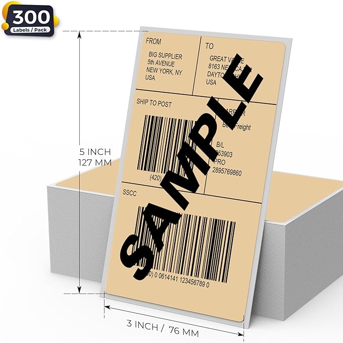 Khaki Thermal Labels 3 × 5 Inch Vinyl Self-Adhesive Fanfold Direct Shipping Stickers Waterproof Perforated Printer Decal for Office Warehouse Barcode 300 PCS