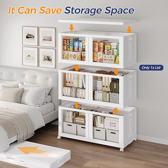 90Gal Plastic Stackable Storage Bins with Lid, 360Qt Collapsible Closet Organizer and Storage, Folding Storage Box with Wheels and Clear Doors for Home Kitchen Office Dorm Room, 3Pack White