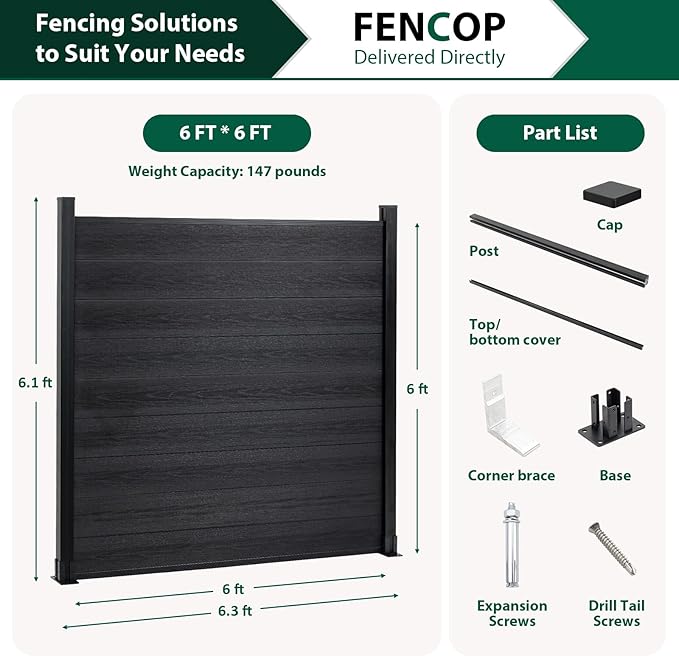 6ft x 6ft Outdoor Privacy Fence, Wind Resistant, Wood Plastic Composite Fence Panel with 2 Posts, Fencing for Yard, Backyard, Garden and Pool