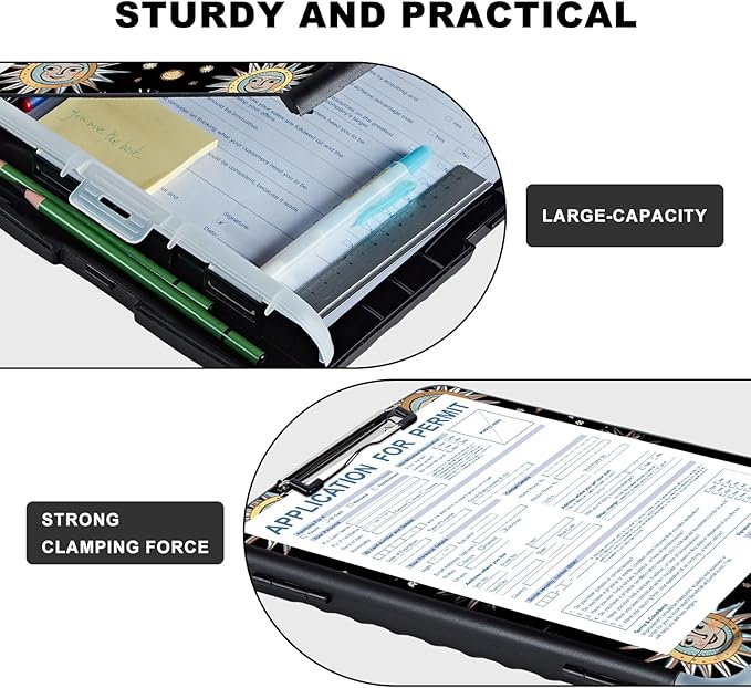 Clipboard with Storage,Storage Clipboard with Pen Holder,Heavy Duty Plastic Storage Clipboard with Low Profile Clip, Clipboard Folder, Teacher Must Haves, Office Supplies,Moon Suns