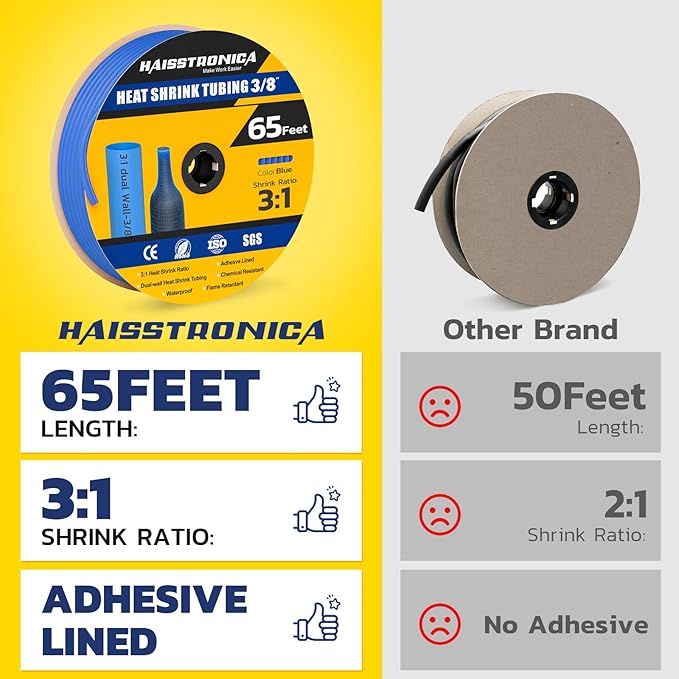 haisstronica 3:1 Heat Shrink Tubing, Shrink Ratio Adhesive Lined Marine Grade Heat Shrink Tube for Home, Automotive and Industrial (Blue) 65FT 3/8inch
