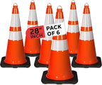 Pyle 28-Inch Safety Traffic Cones, 6-Pack Orange Parking Cones with Reflective Collars, Stackable PVC Construction for Roadwork, Sports Training & Events, Solid High-Density Base for Stability