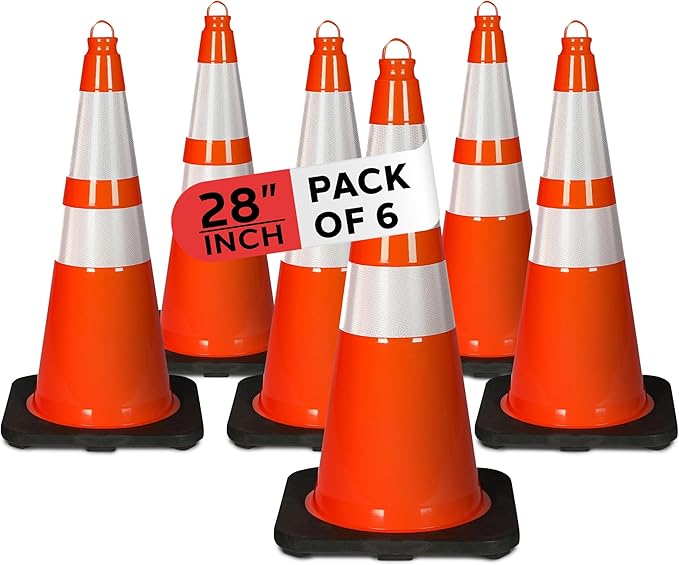 Pyle 28-Inch Safety Traffic Cones, 6-Pack Orange Parking Cones with Reflective Collars, Stackable PVC Construction for Roadwork, Sports Training & Events, Solid High-Density Base for Stability