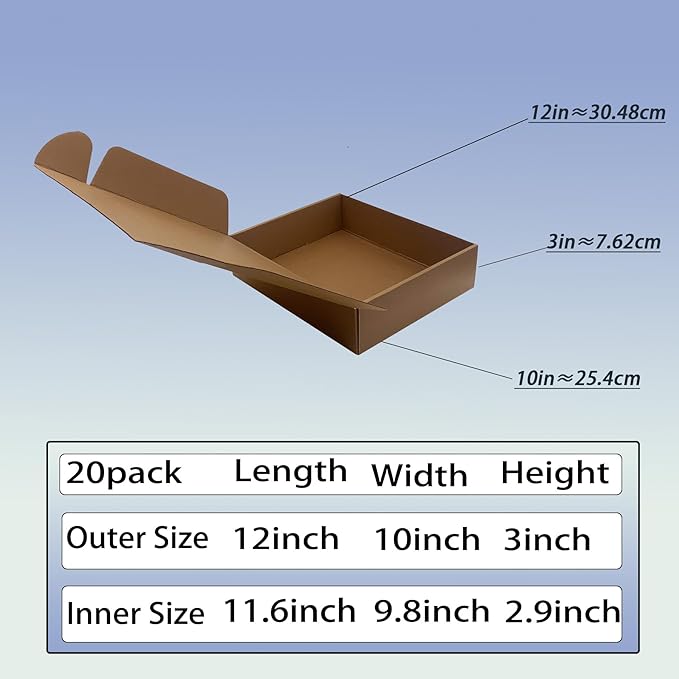 12x10x3 inch Shipping Boxes Pack of 20, Brown Corrugated Cardboard Box Mailer Boxes for Packaging Small Business Shipping，Recyclable Moving Storage Mailing Boxes Bulk Book Literature Gift Giving