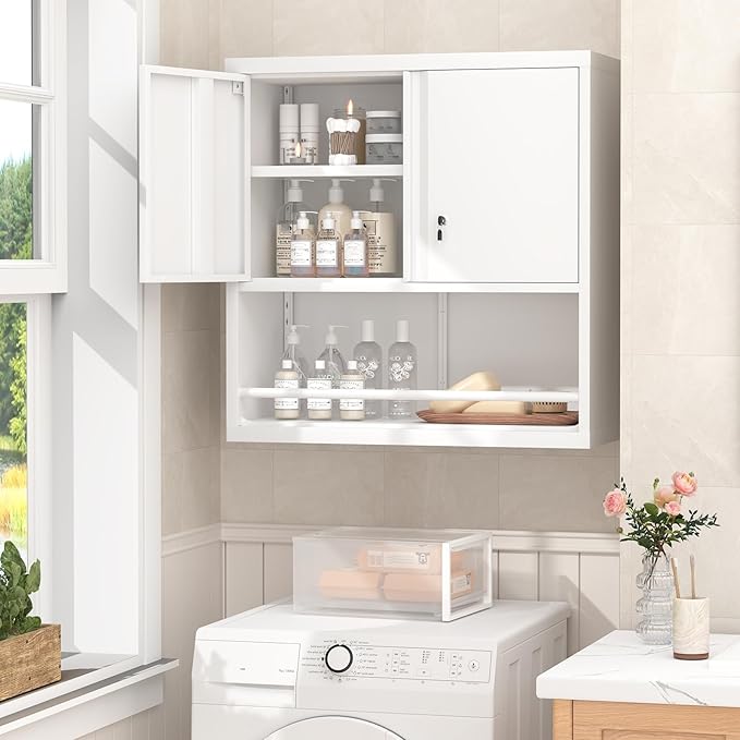 GREATMEET 31" H Metal Cabinets with Doors and Shelves, Lockable Storage Cabinet, Wall Cabinet Storage for Kitchen, Dining Room,White