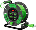 Retractable Extension Cord Reel 80 FT, 14AWG SJTOW Heavy Duty Power Cord with 4 Grounded Outlets, USB-A & USB-C Ports, 13A Circuit Breaker, Hand Crank for Indoor Outdoor Use, ETL Listed, Green