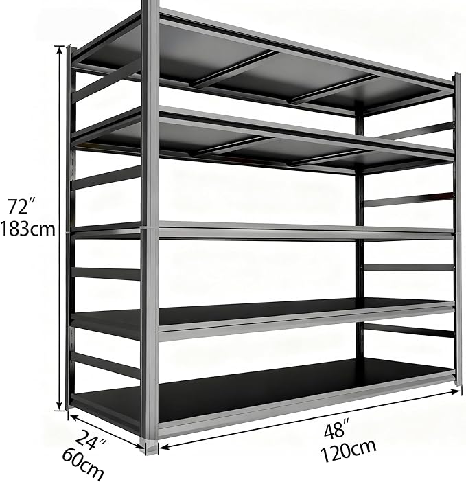 Garage Shelving, 72" H × 48" W Heavy Duty Metal Shelving - Easy to Assemble, Adjustable 5-Tier Storage Shelves, Double-Thickened Columns, 3000 lbs Capacity, for Garage, Pantry Storage, Black