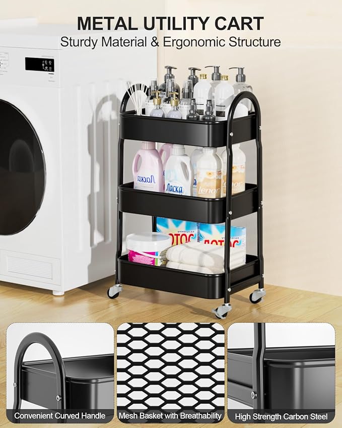 EAGMAK 3 Tier Rolling Cart Under Desk, Metal Storage Cart with Handle and Lockable Wheels, Multifunctional Storage Organizer Trolley with Mesh Baskets for Kitchen, Living Room, Office, Garage (Black)
