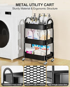 EAGMAK 3 Tier Rolling Cart Under Desk, Metal Storage Cart with Handle and Lockable Wheels, Multifunctional Storage Organizer Trolley with Mesh Baskets for Kitchen, Living Room, Office, Garage (Black)