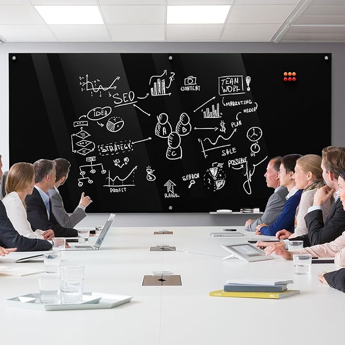 MaxGear Glass Whiteboard 96x48 Inches Wall Mounted, Magnetic Black Dry Erase Board with 1 Eraser, 1 Accessory Tray, 4 Markers and 6 Magnets, Extra Large Frameless White Board for Office, School, Home