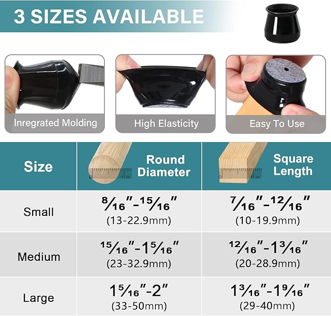 24 Pcs Chair Leg Floor Protectors Round, Silicone Felt Furniture Leg Pads Caps Covers for Hardwood Floors (Fit 15/16" to 1-5/16")