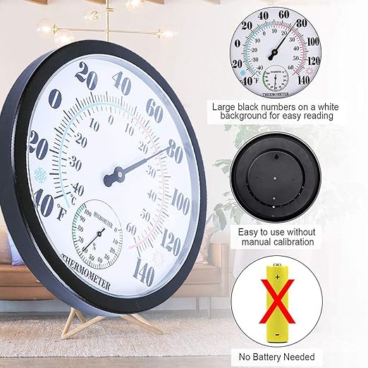 Indoor Outdoor Thermometer Hygrometer, Lirches Outdoor Thermometer Large Numbers, Decorative Outdoor Thermometers for Patio, No Battery Needed Wall Thermometer Round 10" in Diameter