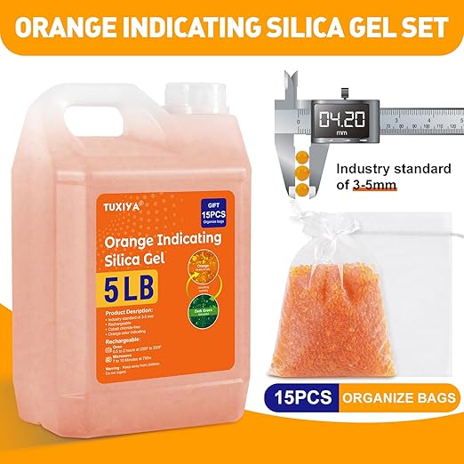 5 LBS Orange Indicating Silica Gel Desiccant Beads,(Industry Standard 3-5 mm) Rechargeable Silica Gel Beads for 3D Filament, Electronic Devices, Camera, Jewelry, Safe(15PCS Organza Bag)