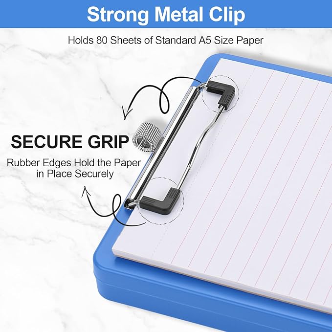 Small Clipboard with Storage, A5 Clipboards with Pen Holder, Half Letter Clip Boards 6x9 Mini Plastic Clipboard with Low Profile Clip for Classroom, School, Office Supplies (Blue)
