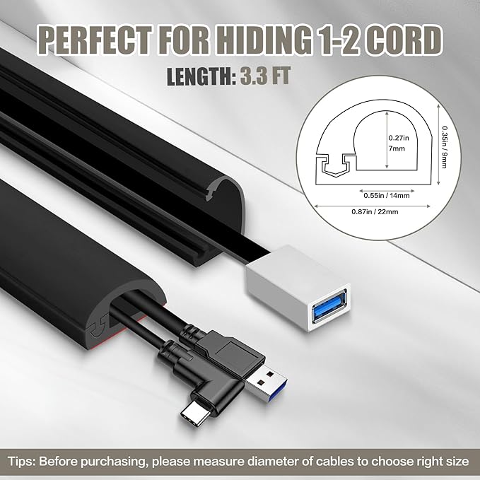 Cord Wall Cover, 39in Self-Adhesive Wire Covers for Cords on Wall, Extension Cable Hider for Floor, Mounted Tv, Home and Office Cavity 0.63" Wx0.31 H (Black)