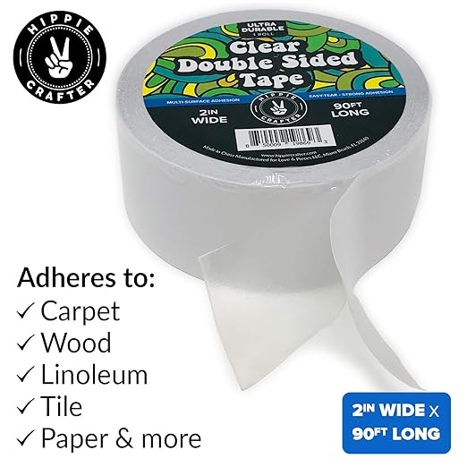 Clear Double-Sided Tape for Crafts, 2 Inch Wide Heavy-Duty Adhesive, Strong Sticky Thin Mounting Tape for Posters, Carpets, and Wall-Safe Use, 90ft x 2"