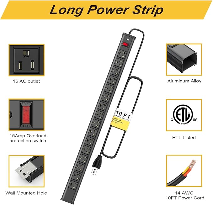 10-Pack Long Surge Protector Power Strip,16 Outlet Heavy Duty Power Strip Metal Power Bar,10 FT Long Extension Cord with Circuit Breaker for Garage,Workshop, 125V/1875W, ETL Listed, Black