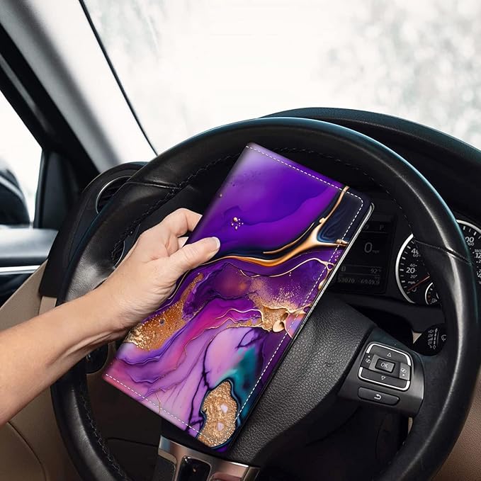 Car Registration and Insurance Holder, Leather Car Glove Box Organizer, Cool Car Accessories for ID, Driver's License Cards & Essential Document,business cards,Men&Womenpurple and gold Marble