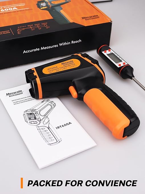 Mecurate Infrared Thermometer Gun -58°F to 1112°F, Laser Temperature Gun with Adjustable Emissivity, Max/Min/Hold for Cooking, BBQ, Freezer, Industrial Use,with Long Probe Meat Thermometer